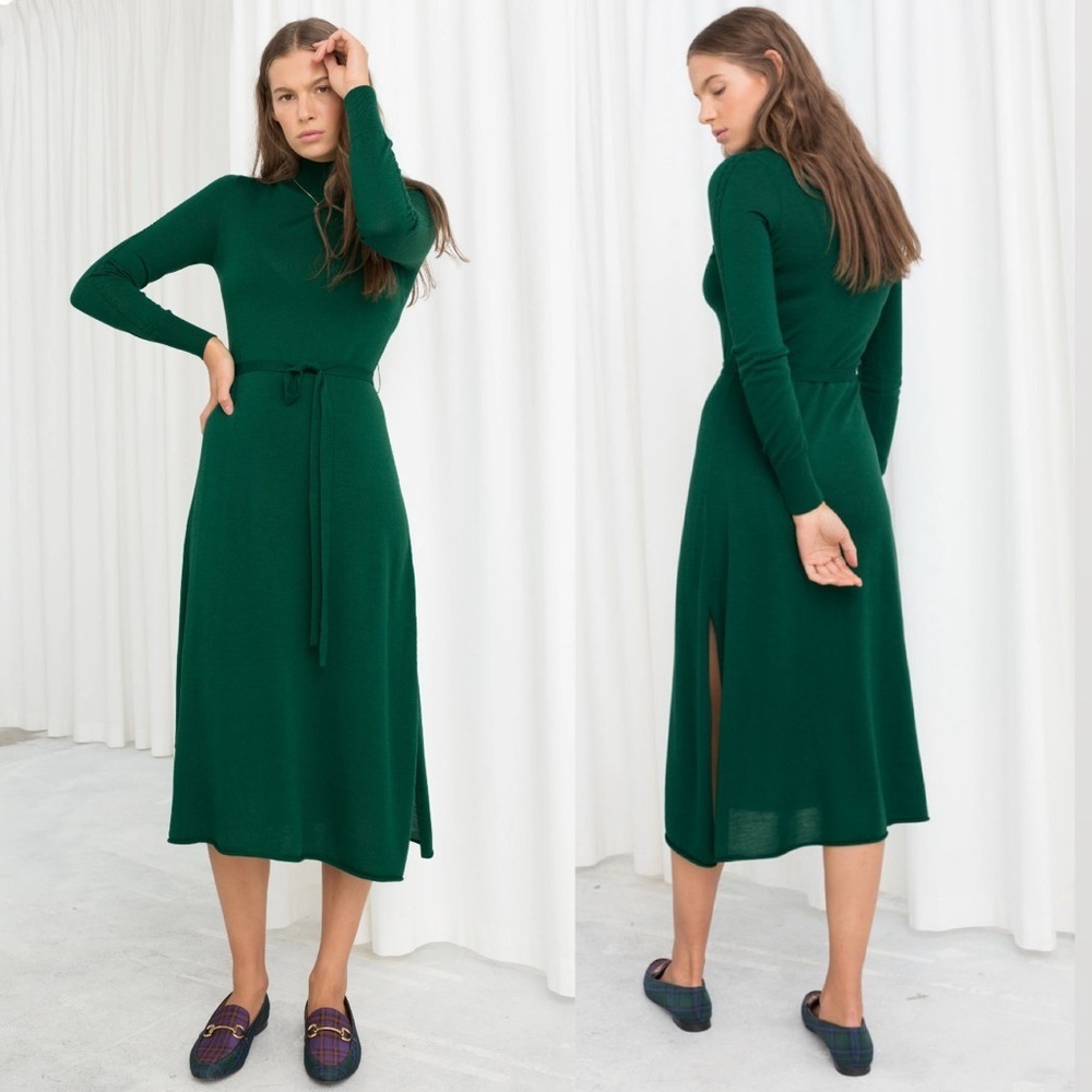 & Other Stories Elegant Merino Wool Midi Dress long sleeve in green size medium